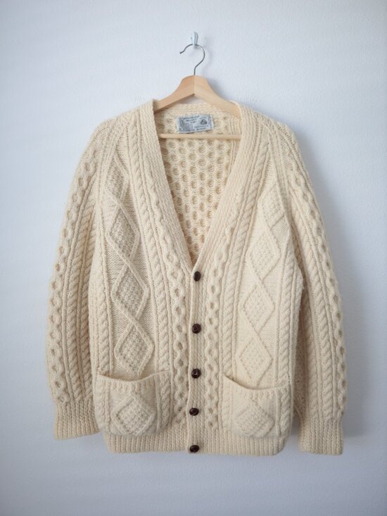 Vintage Sweaters - Vintage Glendalough Woolen Mills Knit Fisherman Cardigan Sweater | L